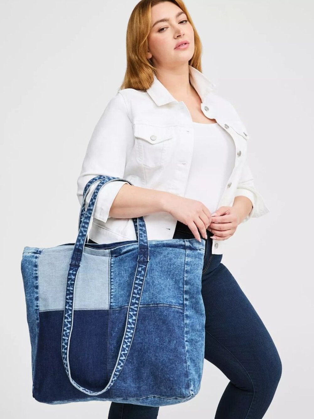 Torrid Patchwork Extra Large Denim Tote Bag 100% Cotton Zippered Double Strap